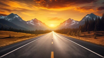 Breathtaking sunset over a mountainous landscape and open road - obrazy, fototapety, plakaty