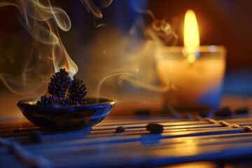 incense cones and a candle creating a relaxing atmosphere