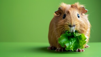 Adorable guinea pig enjoying a fresh green lettuce leaf on a bright green background - obrazy, fototapety, plakaty