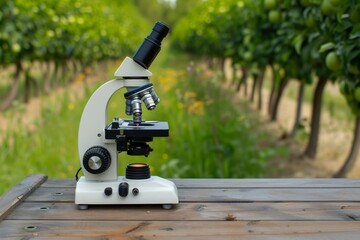 microscope on wooden bench, focused viewer, orchard rows gently blending