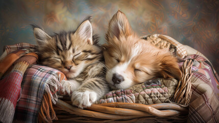 A serene scene of a kitten and puppy peacefully napping in a warm, cozy wicker basket with a decorative backdrop - obrazy, fototapety, plakaty
