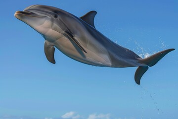 dolphin midair against a clear blue sky background