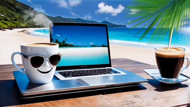 coffee and laptop in the beach