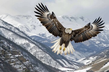 eagle with impressive wingspan above snowy mountain valley - obrazy, fototapety, plakaty