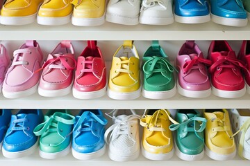 colorful childrens shoes on a white horizontal rack