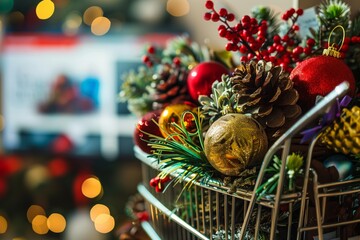 full cart of seasonal decor, holiday shop webpage in the background - obrazy, fototapety, plakaty