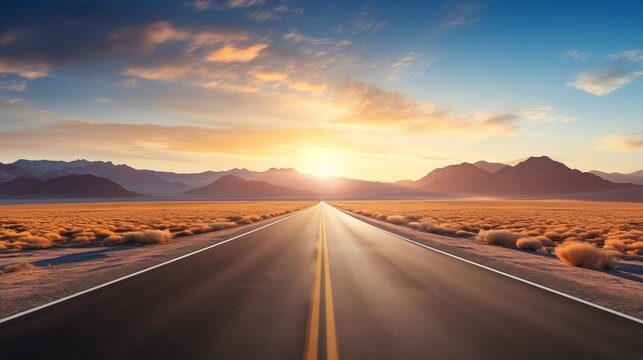 Open Highway Leading Towards Mountains Under a Sunset Sky