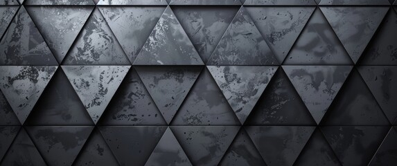 Obraz premium Abstract black geometric background with triangle pattern, seamless texture. Modern wallpaper design for banner, poster or packaging. Dark gray metal triangles on grunge wall backdrop