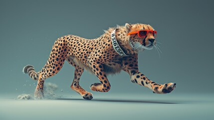 Fast Cheetah as an Athlete: A cheetah in running gear, with a number bib and sneakers, ready to race against a light blue background.