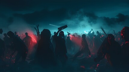 Futuristic Silhouetted Crowd Carrying Weapons in Ominous Nighttime Chaos - obrazy, fototapety, plakaty