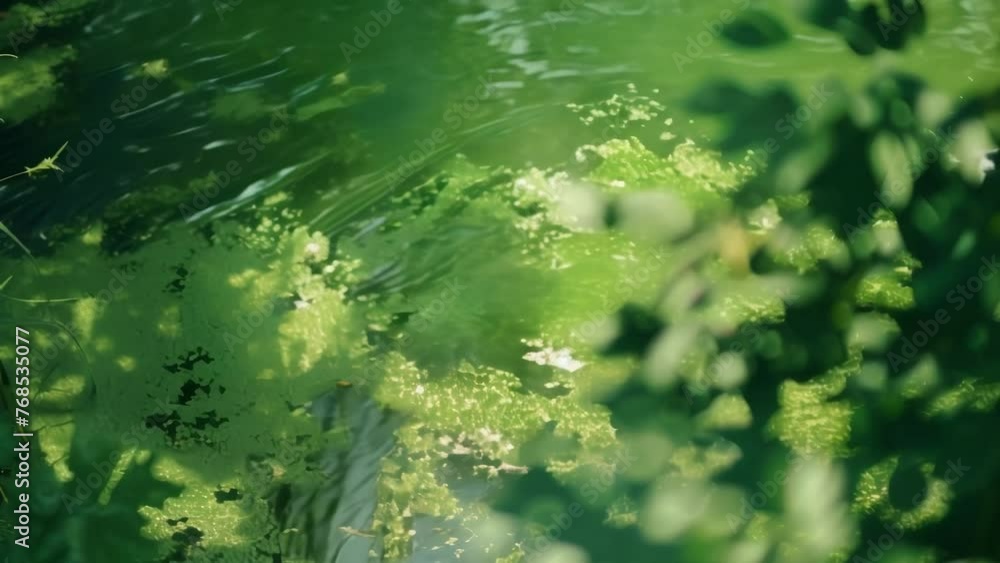 Poster the once clear and pristine waters of a river now a sickly shade of green from the fastspreading alg