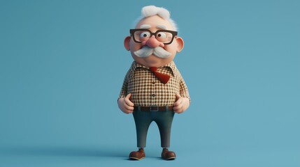 Cheerful elderly man with glasses, mustache and white hair wearing casual clothes. 3D rendering.