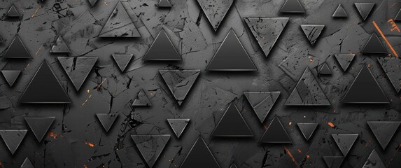 Abstract black geometric background with triangle pattern, seamless texture. Modern wallpaper design for banner, poster or packaging. Dark gray metal triangles on grunge wall backdrop - obrazy, fototapety, plakaty