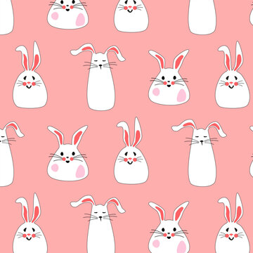 Seamless pattern with cute white rabbits with flowers. Easter bunnies for printing on childrens products, fabric and wallpaper on a pink background. Cartoon flat vector illustration.