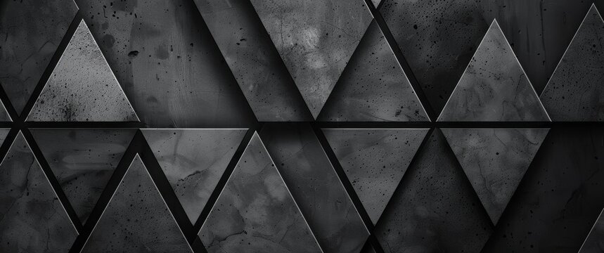 Abstract black geometric background with triangle pattern, seamless texture. Modern wallpaper design for banner, poster or packaging. Dark gray metal triangles on grunge wall backdrop