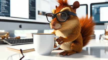 A squirrel wearing horn-rimmed glasses is sitting on a desk, holding a coffee mug with both paws.