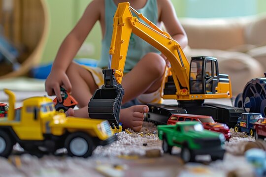 child sitting with an excavator toy amongst other vehicles