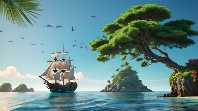 Tropical island with sailboat in the sea. Seamless looping time-lapse 4k video animation background