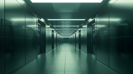 Obraz premium Modern data center racks lined up. Artificial intelligence, server room, database, cloud computing