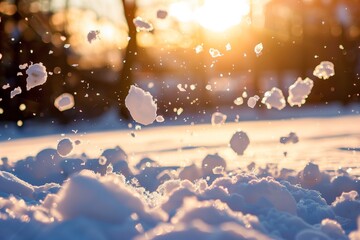 snowball fight in progress, sunset backlighting flying snow