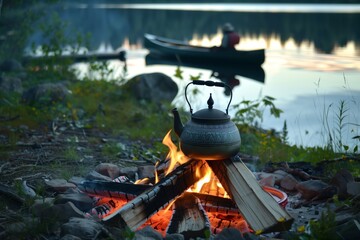 lone teapot on a campfire with a canoe and lake in the peaceful background