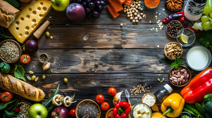 Five main food groups as recommended by nutritionists selection of wholesome ingredients spread out on a rustic wooden table. - obrazy, fototapety, plakaty