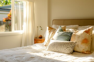 neatly made bed with decorative pillows in a sunny bedroom