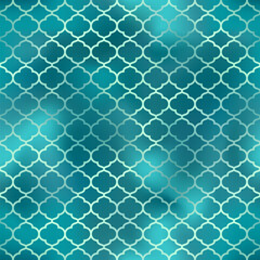 Fototapeta na wymiar Traditional Islamic seamless pattern. Shiny green Turkish background. Mosque window gradient grid mosaic texture.
