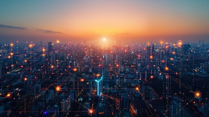 Fototapeta premium Global Connectivity: Network Hubs Illuminated at Dusk