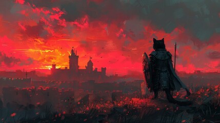 Knight Cat Defending the Castle: Visualize a cat in knight armor, holding a tiny shield and sword, with a castle silhouette in the background, against a dusk-colored pastel sky. - obrazy, fototapety, plakaty