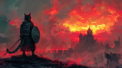 Knight Cat Defending the Castle: Visualize a cat in knight armor, holding a tiny shield and sword, with a castle silhouette in the background, against a dusk-colored pastel sky. - obrazy, fototapety, plakaty