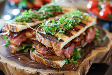 A wooden plate holds a cut sandwich placed on top, showcasing a plating presentation with garnish - obrazy, fototapety, plakaty