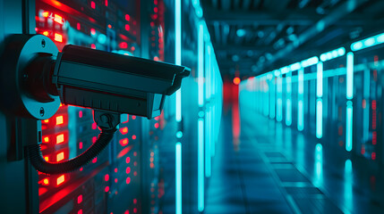Security cameras in data centers. Artificial intelligence, server room, database, cloud