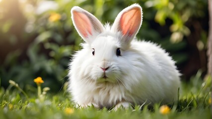 Adorable white rabbit with fluffy coat relaxing on a verdant backyard lawn. Adorable little rabbit strolling in a meadow in a lush garden on a beautiful, bright day. Easter wildlife and pets