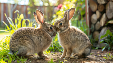 Amidst a rustic outdoor backdrop, two rabbits cozy up near a woodpile, capturing a homely and natural ambiance