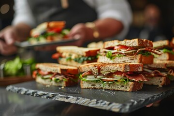 Side view of a chef presenting a plate of sandwiches up close