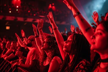 A crowd of people at a concert lifting their hands in the air, showing excitement and engagement...