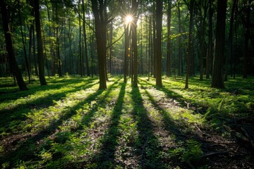 The sun shines through dense trees in a forest, creating a mesmerizing effect as the light filters through the leaves