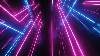 Futuristic neon-lit corridor with abstract lines and two silhouettes.