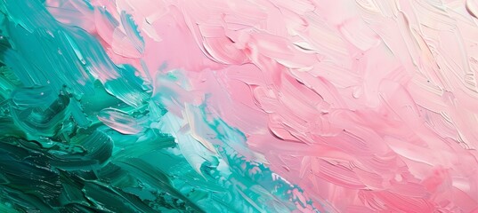 Abstract green and pink background with acrylic paint strokes. Hand painted brush texture with flowing lines of oil color on canvas. Modern wallpaper, poster or banner design