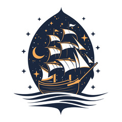 A flat vector logo featuring a mystical ancient sailing ship on a starry ocean, with the ship depicted prominently at the center.
