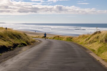 asphalt road descending towards beach, jogger in view