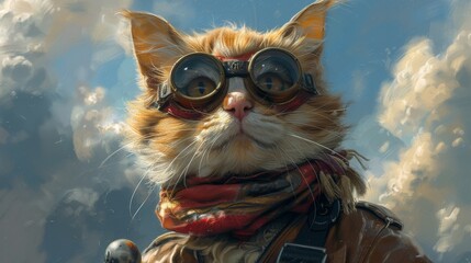 Pilot Cat in the Sky: cat with pilot goggles and a scarf, in the cockpit of a small plane, with...