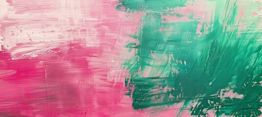 Abstract green and pink background with acrylic paint strokes. Hand painted brush texture with flowing lines of oil color on canvas. Modern wallpaper, poster or banner design