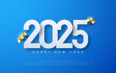 New Year Even 2025. With the design of white numbers and gold ribbons in the blue background. Premium vector design for greetings and celebration of Happy New Year 2025.