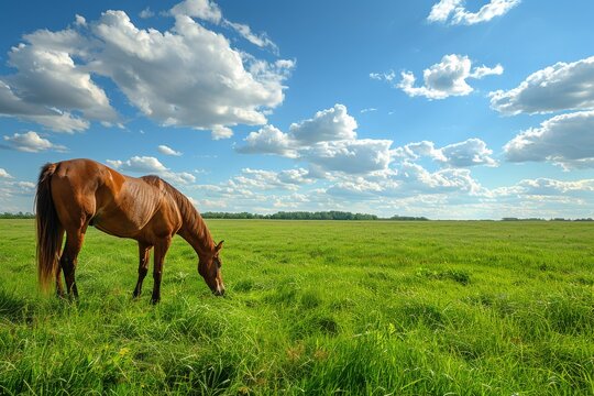 Serene horse grazing in a vast green field under a blue sky with fluffy clouds