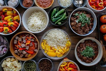 A top-down view of a table topped with bowls filled with various types of food for a meal preparation