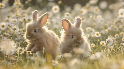 Adorable pair of fluffy bunnies nestled in a field of daisies, bathed in a soft, warm sunset light, conveying innocence and purity - obrazy, fototapety, plakaty