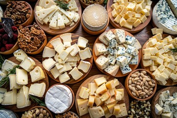 Various types of cheeses and nuts displayed in wooden bowls