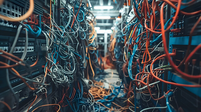 Messy cables in the data center room. Artificial intelligence, server room, database, cloud